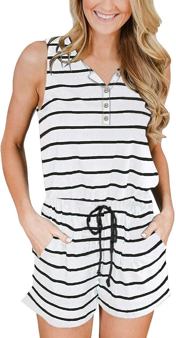 YIBOCK Women's Summer Sleeveless Button Down Striped Short Jumpsuit Cami Romper | Amazon (US)