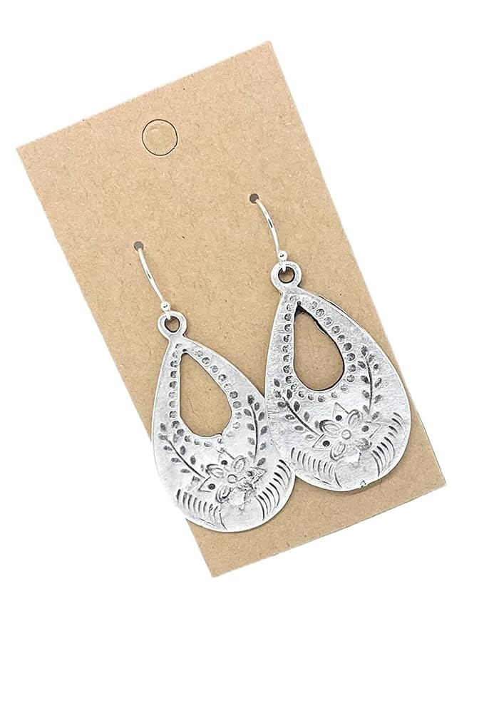 Antique Silver Floral Stamp Teardrop on Sterling Silver Earrings Boho Women Handmade Sundance Dre... | Amazon (US)
