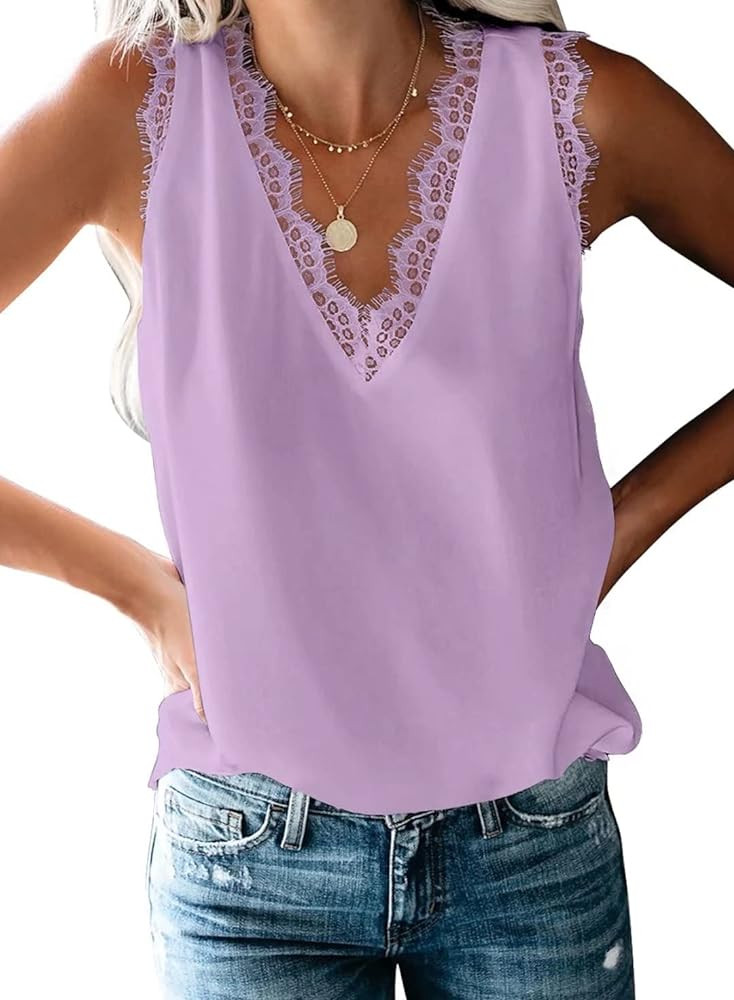 BLENCOT Women Lace Trim Tank Tops V Neck Fashion Casual Sleeveless Blouse Vest Shirts | Amazon (US)