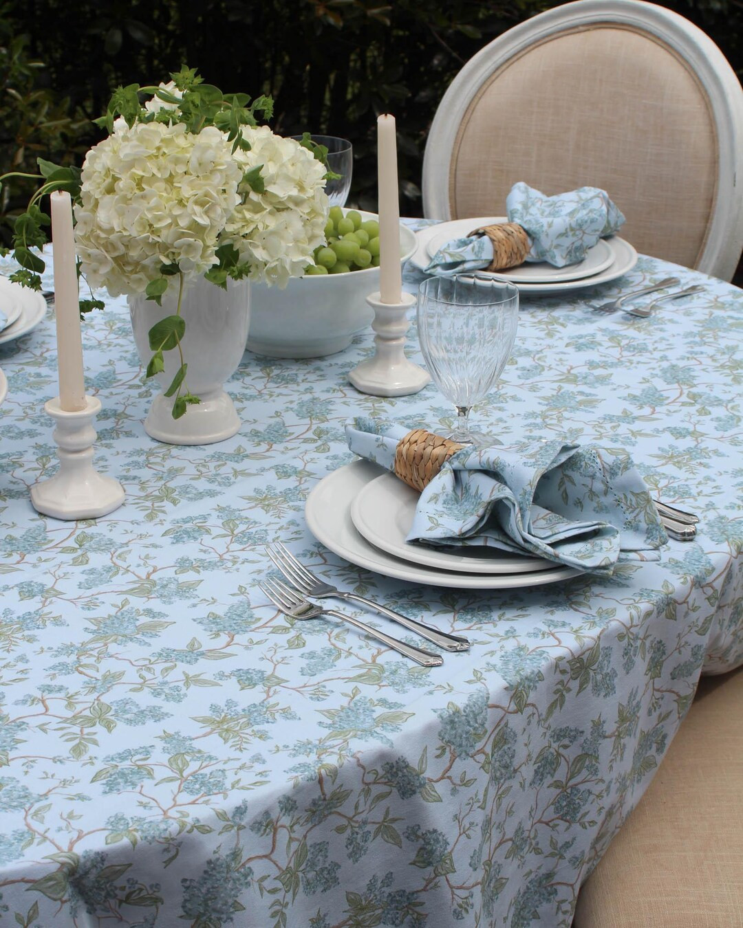 Chinoiserie Blue Floral Rectangle Tablecloth, Farmhouse Style Toile Table Cover | Etsy (US)