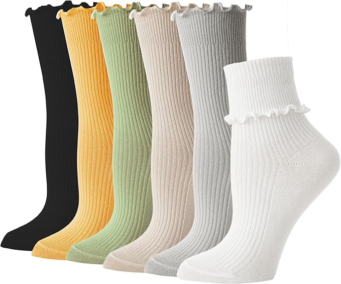 BONANGEL Womens Ruffle Socks,6 Pairs White Frilly Crew Socks for Women,Cute Girls Lettuce Edge An... | Amazon (US)