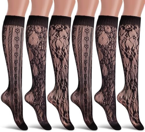 6 Pairs Womens Lace Knee High Socks Casual Black Sheer Stockings | Cute Jacquard Lace Calf Socks ... | Amazon (US)