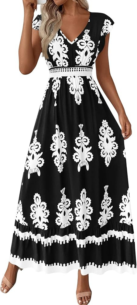 BTFBM Summer Dresses for Women Beach Fashion Floral Short Sleeve V Neck Boho Long Wedding Guest M... | Amazon (US)