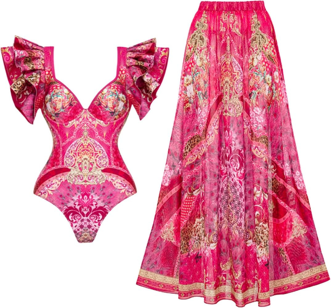 FLAXMAKER Ruffle Blue and White Porcelain Pattern Majolica Print One Piece Swimsuit and Skirt/Sar... | Amazon (US)