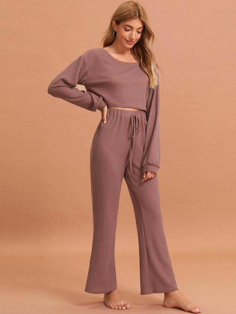 Solid Waffle Knit Pajama Set | SHEIN