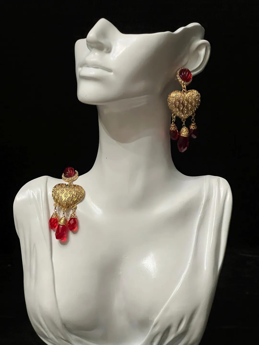 Vintage-Inspired Red Crystal Heart Drop Earrings | Gold Tone Rhinestone Statement Earrings | Roma... | Etsy (US)