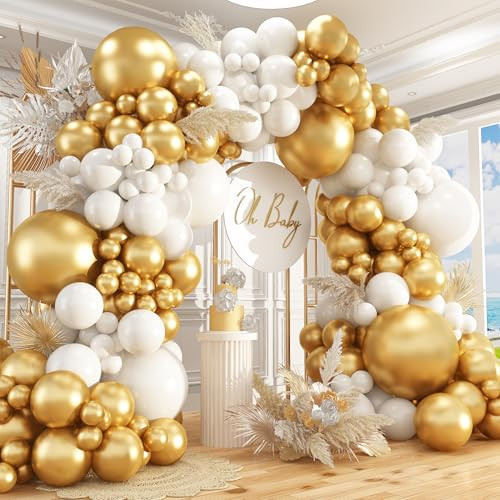 412Pcs White and Gold Balloon Arch Kit,18 12 10 5 Inch Gold balloons different sizes White Metallic Gold Latex Balloon Garland kit for Anniversary Birthday Engagements Party Decorations | Amazon (US)