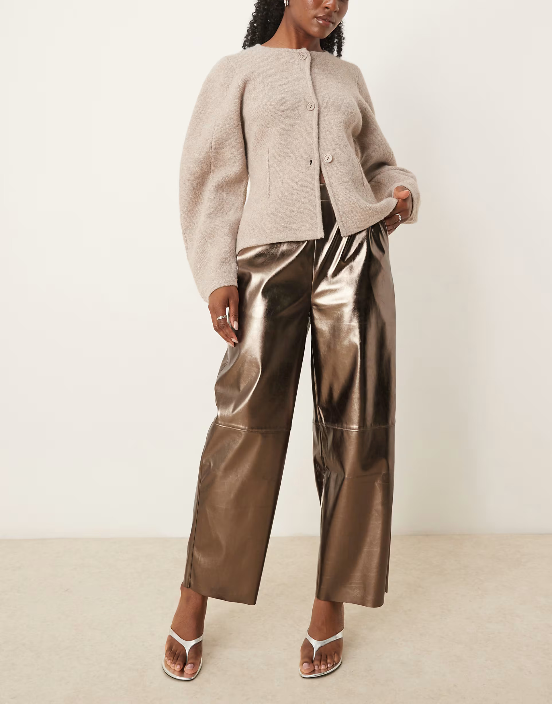 ASOS DESIGN faux leather pull on barrel trousers in brass | ASOS | ASOS (Global)