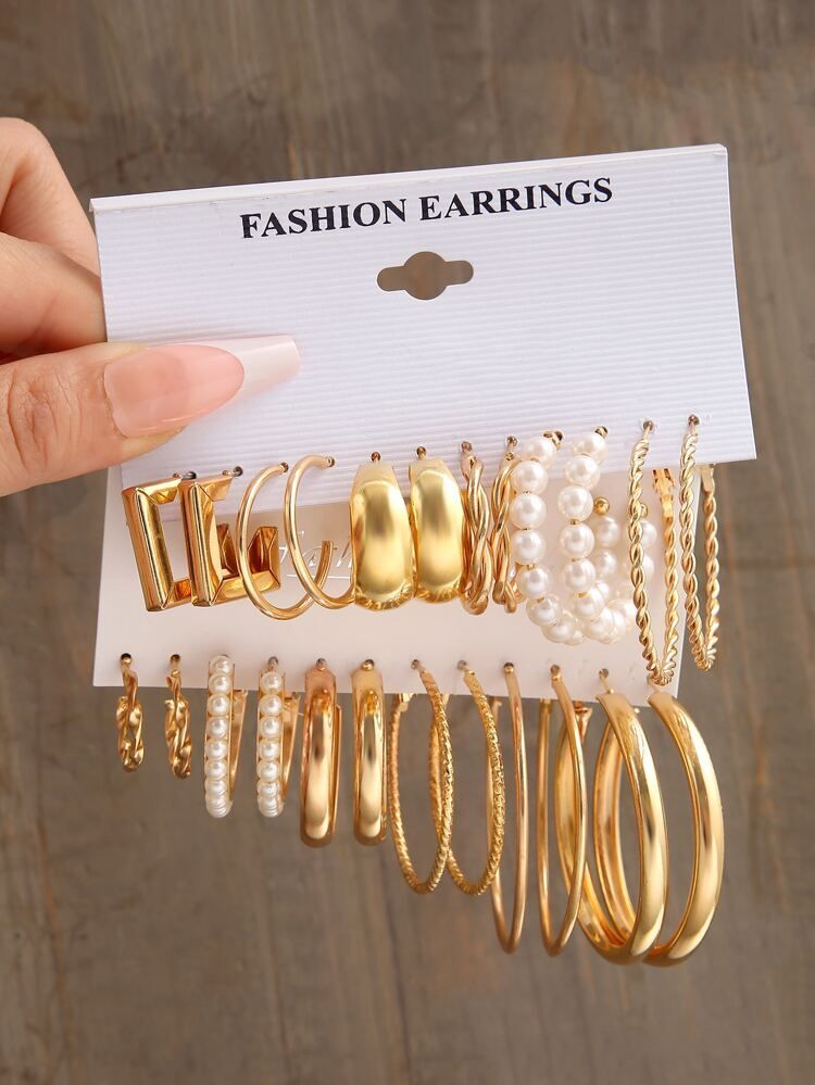 12pairs Faux Pearl Decor Twist Design Hoop Earrings | SHEIN