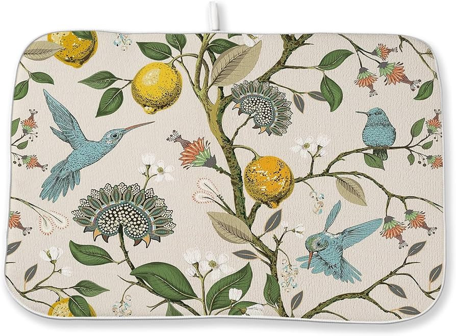 Boho Dish Drying Mat 18x24 Inch Vintage Lemon Floral Blue Bird Drying Mat Chinoiserie Flower Spri... | Amazon (US)