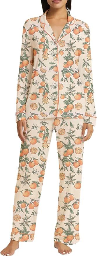 Womens Cute Fruit Printed Pajamas Aesthetic Preppy 2 Piece Long Sleeve Button Down Shirts Pants L... | Amazon (US)