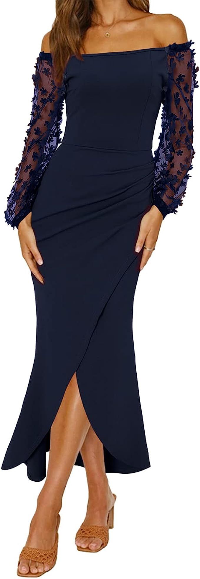 BTFBM Women Elegant Off Shoulder Dresses Sheer Long Sleeve Mesh Ruched Wrap Split Bodycon Maxi Co... | Amazon (US)