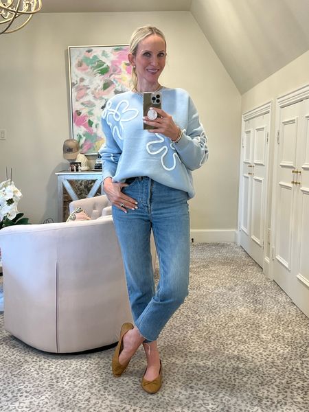 Cute casual weekend vibes.
Darling blue sweater with bold abstract florals!
My fave jeans and cutest flats!
Spring transition, blue sweater, mom jeans, beige flats, weekend style

#LTKover40 #LTKstyletip #LTKSeasonal