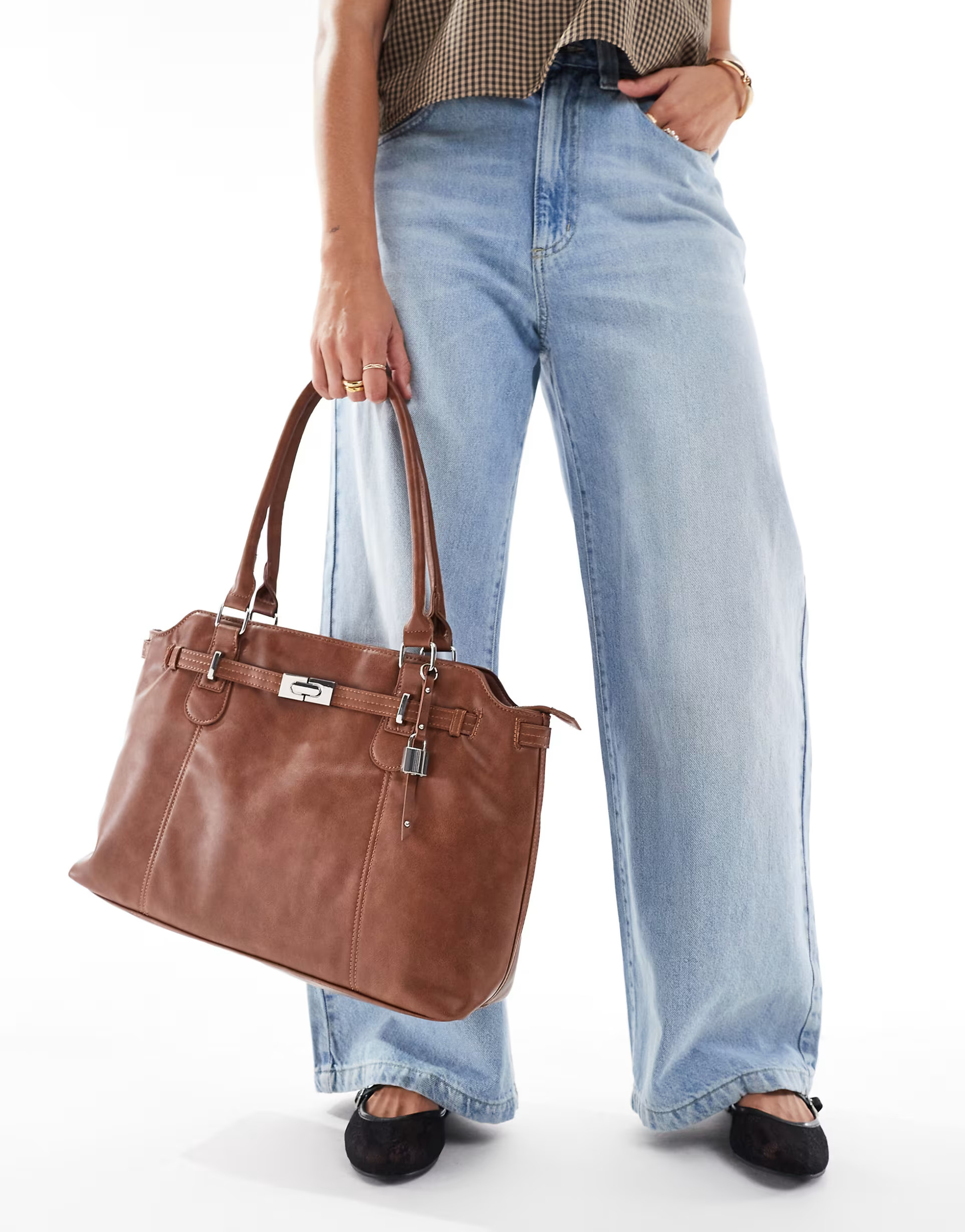 Bershka faux leather work bag with chain detail in tobacco | ASOS (Global)