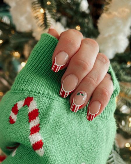 Candy cane  ❤️🤍 Christmas press on nails Candy cane nails Candy cane sweater 

#LTKbeauty #LTKHoliday #LTKSeasonal