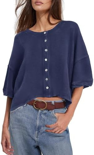 Yanekop Womens Cropped Cardigan Short Sleeve Button Up Cardigan Lightweight Cardigans Oversized B... | Amazon (US)