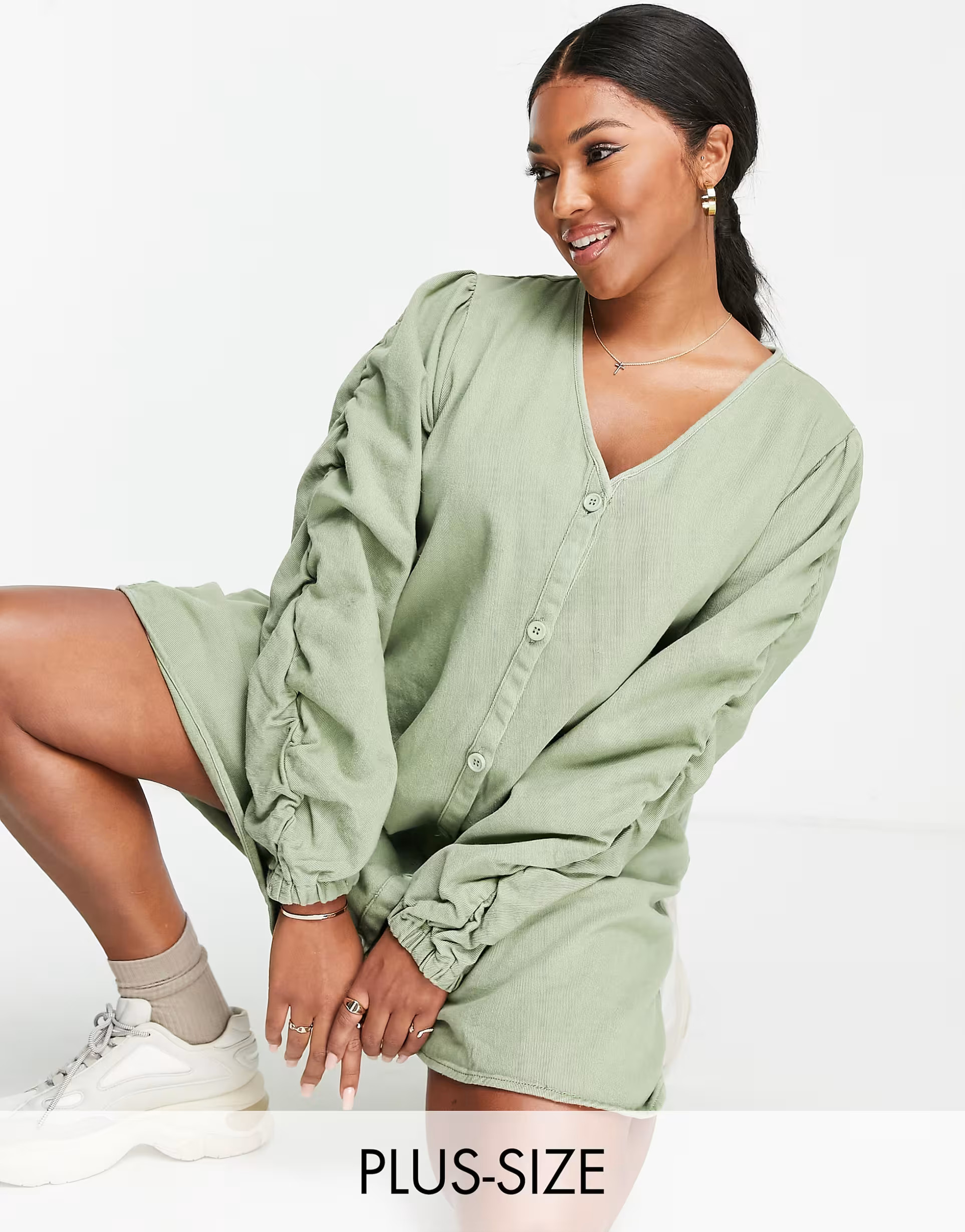 Missguided Plus mini dress with button front in khaki | ASOS (Global)
