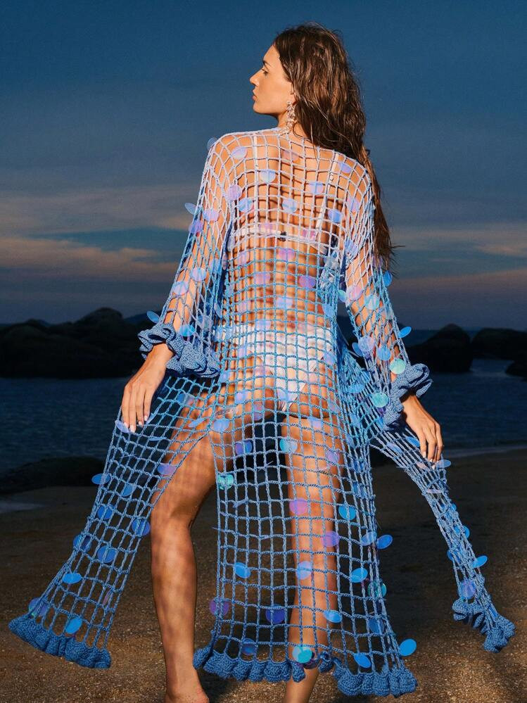 Anewsta Women's Beach Resort Sequin Patchwork Flare Sleeve Front Tie Sheer Kimono Cover Up, Summer | SHEIN