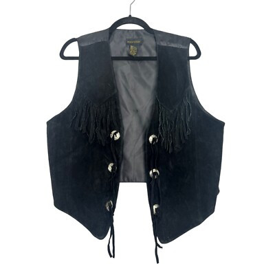 Vintage Rock Creek Black Leather Fringe Vest Western Concho Size L  | eBay | eBay US