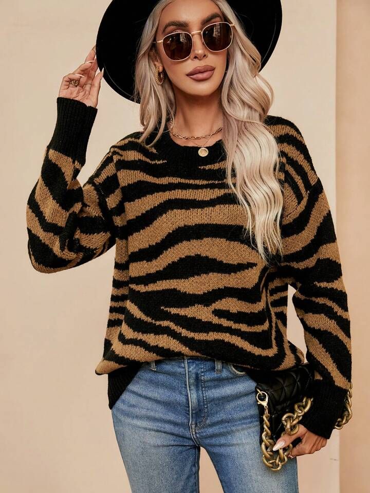 SHEIN LUNE Zebra Striped Pattern Drop Shoulder Sweater | SHEIN