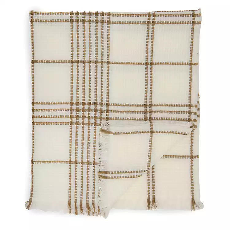 New! Ivory & Brown Plaid Waffle Weave Fringe Throw | Kirklands