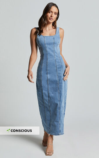 Zenith Midi Dress - Wide Strap Panel Detail Recycled Denim Dress in Mid Blue Wash | Showpo (US, UK & Europe)