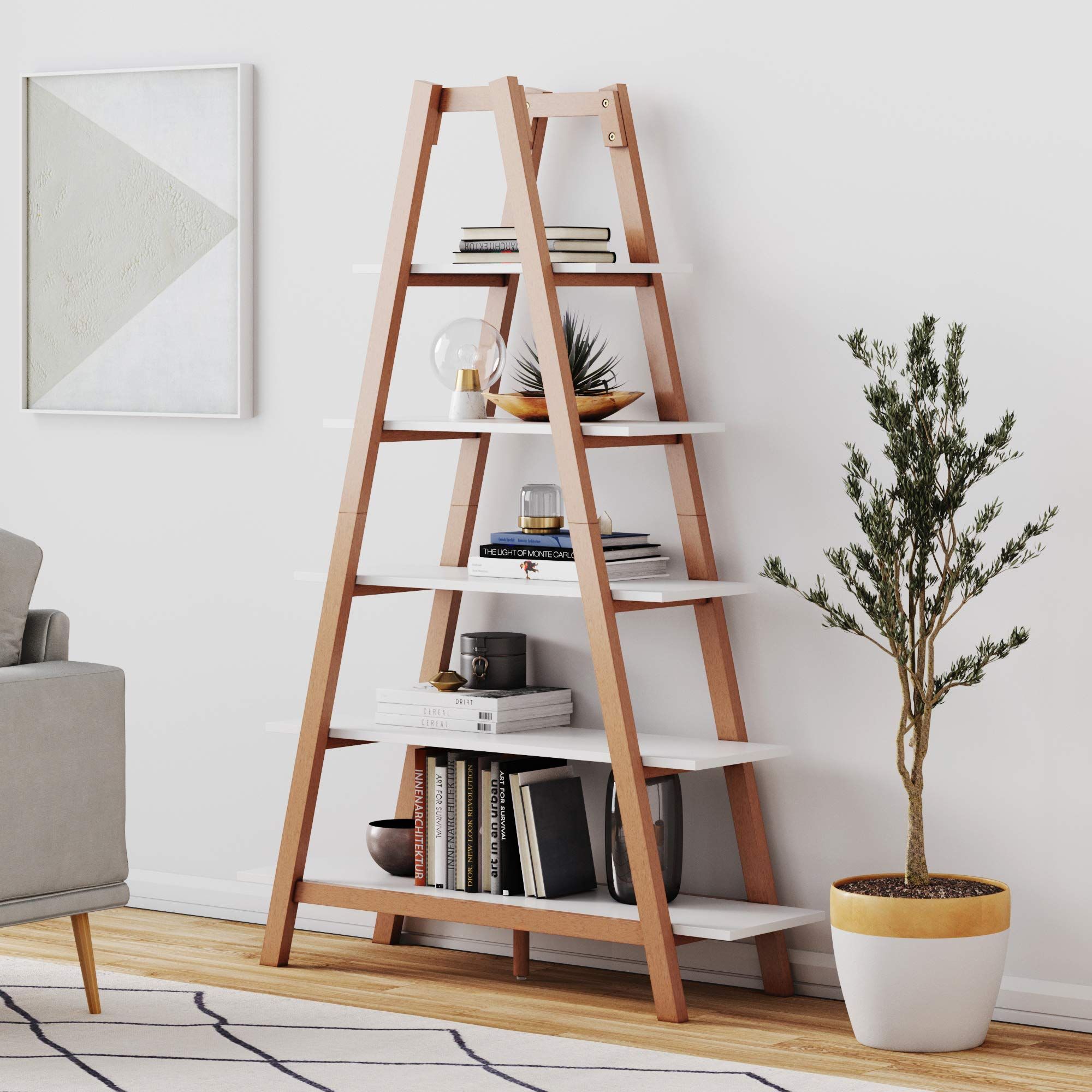 Nathan James Carlie 5-Shelf Bookcase Display or Decorative Storage Rack with Rove Wooden Ladder S... | Amazon (US)