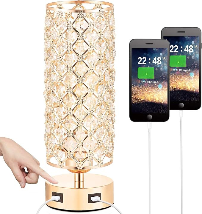 Touch Control USB Crystal Small Lamp, Dimmable Nightstand Lamp with Dual USB Port, 3-Way Gold Crysta | Amazon (US)