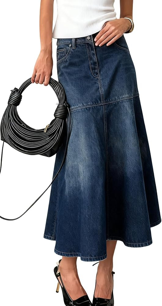 chouyatou Women's Elegant A-Line Pleated Jean Skirt Western Distressed Midi Long Fishtail Denim S... | Amazon (US)