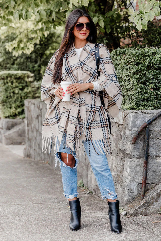 Full Of Hope Beige Plaid Poncho | Pink Lily
