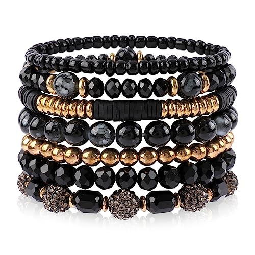 IDEAJOY Black Bracelets for Women Multi-layer Beaded Stretch Bracelets Handmade Stackable Bead Bracelets Set Black Jewelry Accessories for Birthday Party Vacation Decor Friendship Bridal Gift | Amazon (US)
