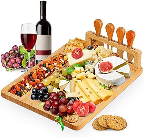 Hossejoy Bamboo Cheese Board, Cheese Plate Charcuterie Board Platter Set Serving Tray Including 4 St | Amazon (US)