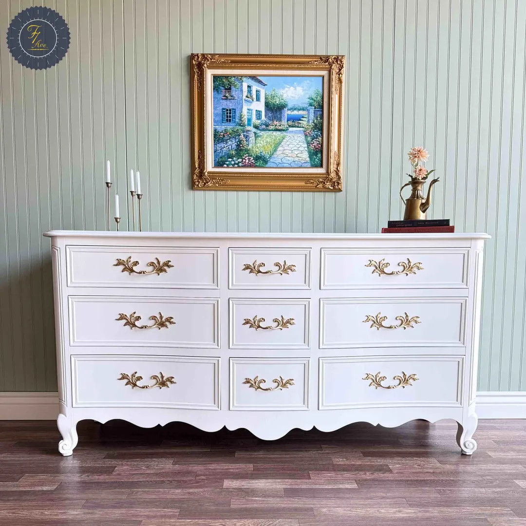 White Vintage French Provincial Dresser | Gold Hardware | 9 Drawer |  Kindel | Restored Furniture | Etsy (US)