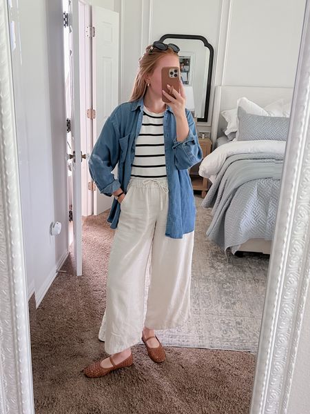 Today’s casual look for working from home! Evereve has some of my favorite staples this season! This striped tank and linen pants are so comfy to wear!

Sizing:
Linen pants- small
Tank- small
Chambray button down - medium
Flats - 7.5 (TTS)

#LTKStyleTip #LTKSeasonal #LTKFindsUnder50