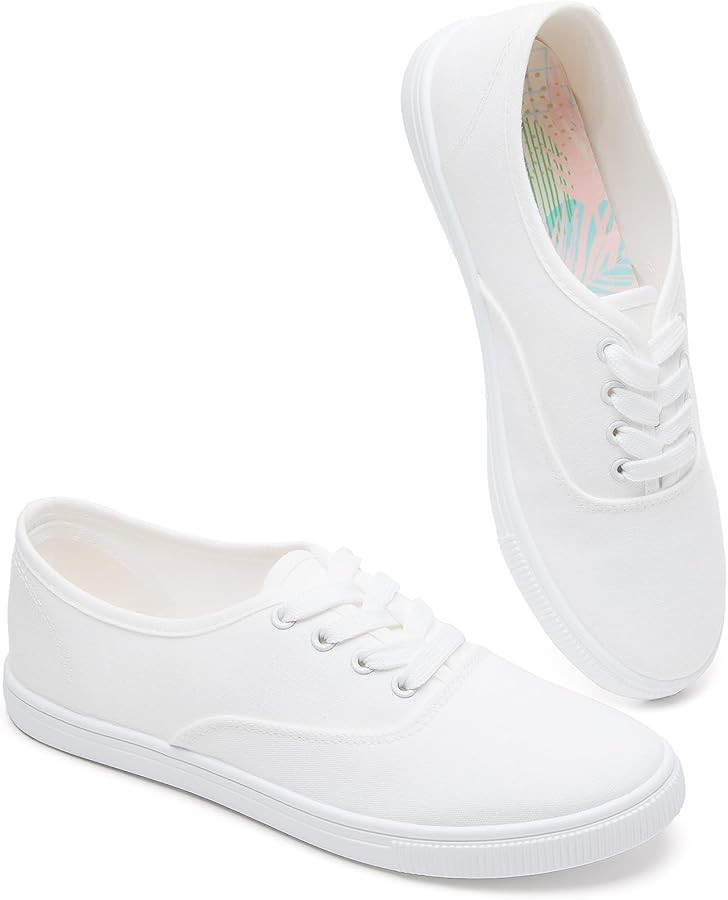 Womens Classic White Sneakers,Low Top White Canvas Shoes,Lightweight Casual Canvas Sneakers | Amazon (US)