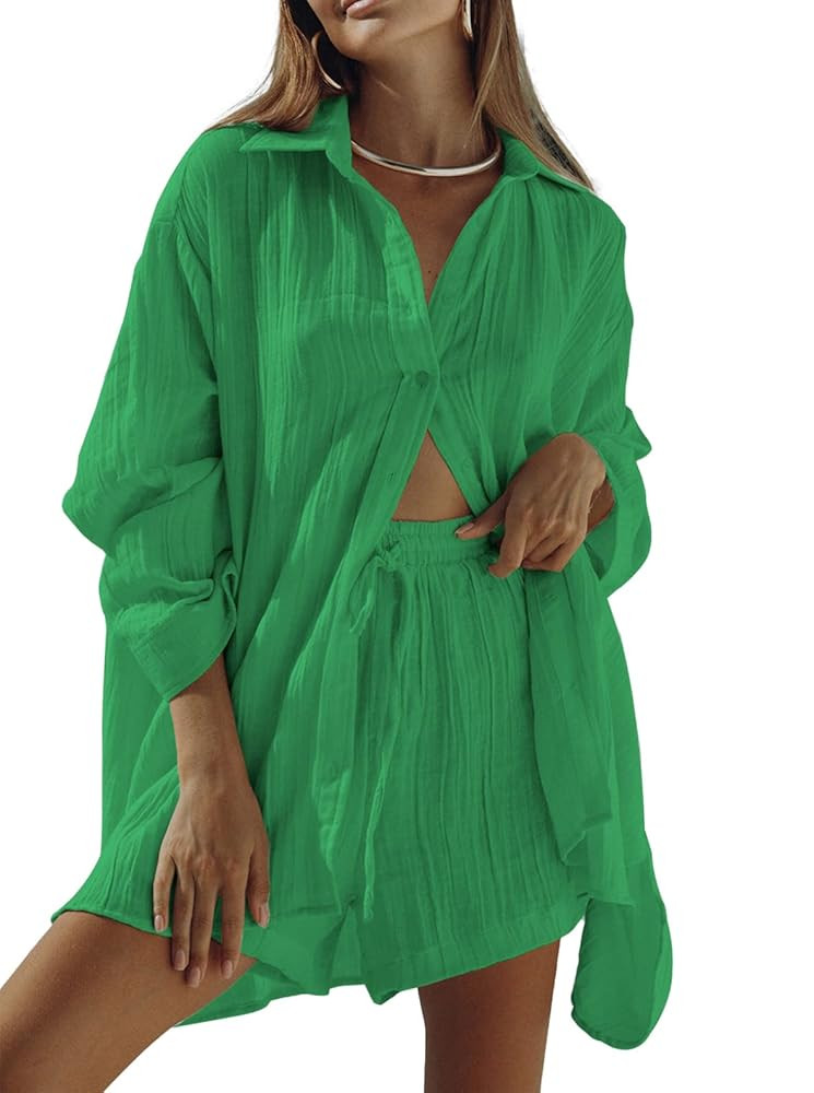 Linsery 2 Piece Summer Outfits Button Down Shirt Top and Shorts Casual Lounge Sets | Amazon (US)