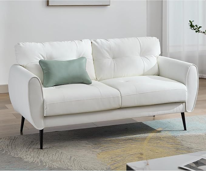 Sofa Couch 61" Small Loveseat Couches for Living Room White Leather Couch Mid Century Modern Tuft... | Amazon (US)