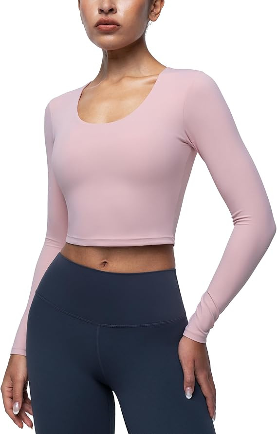 Womens Long Sleeve Shirts Workout Crop Tops Yoga Tee Built in Bra Mild Support Cream Feeling Athl... | Amazon (US)