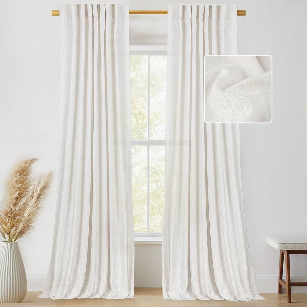 INOVADAY Beige White Linen Curtains 96 Inches Long for Living Room Bedroom, Back Tab Sheer Privac... | Amazon (US)