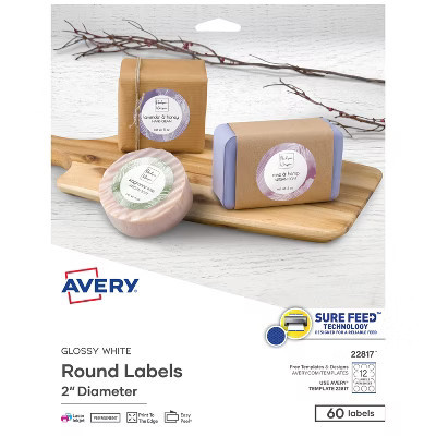 Avery Printable Round Labels with Sure Feed, 2" Diameter, Glossy White, 60 Customizable Labels (22817) | Target