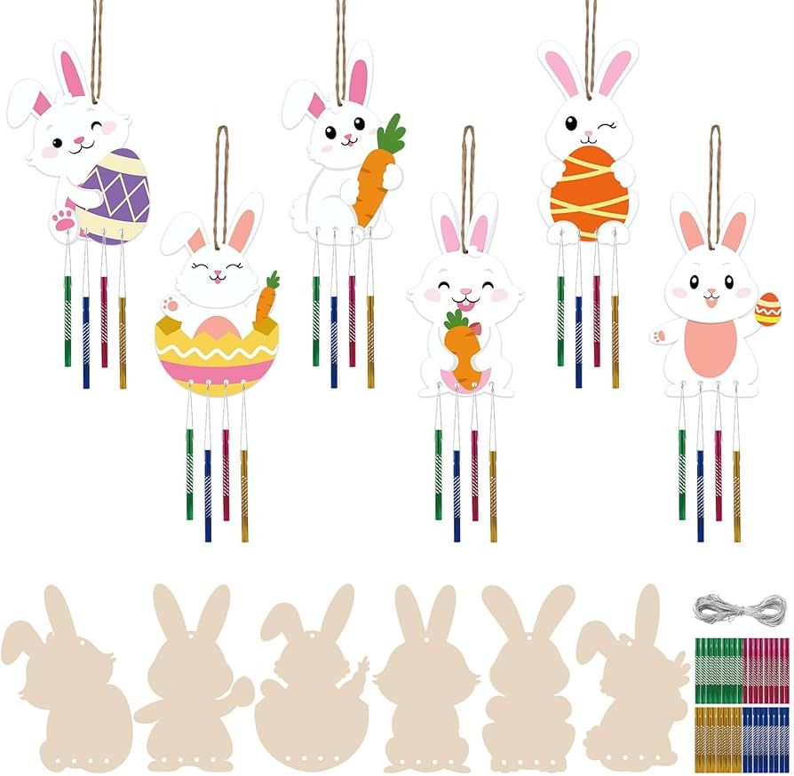 Hedeey 12 Packs Easter Wind Chime Kit for Kids, Make Your Own Wind Chime Kit, DIY Coloring Bunny ... | Amazon (US)