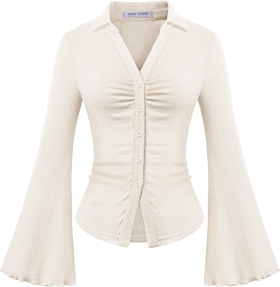 Kate Kasin Womens Button Down Collared Ruched Bell Sleeve Slim Y2K Shirts | Amazon (US)