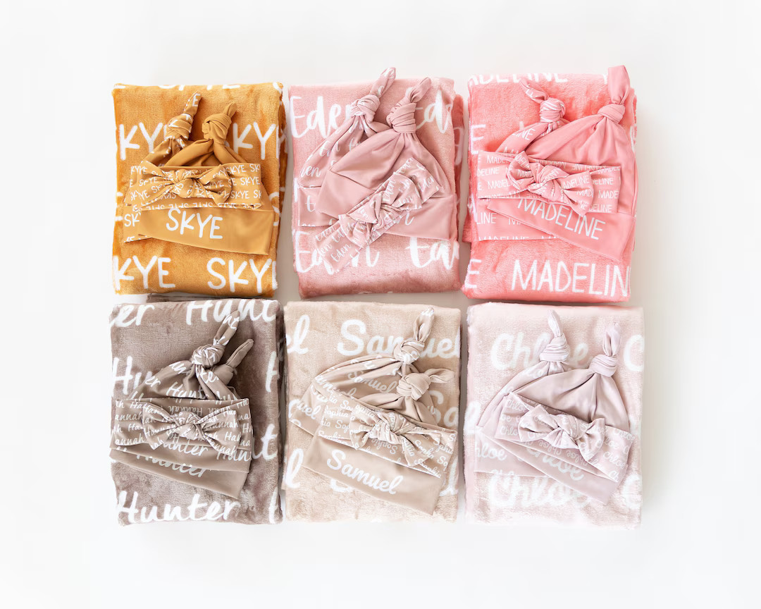 Baby Blanket Sets Personalized Plush Minky Name Blankets With Hats or Bows - Etsy | Etsy (US)