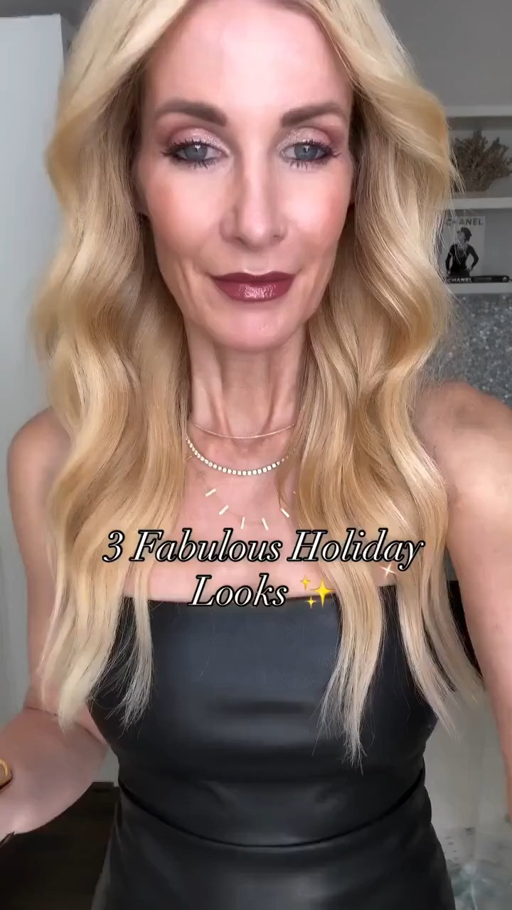 If you don’t love wearing red for the holidays… I’ve got three fabulous looks that are just as festive, chic, and insanely flattering. ✨ LOOK 1: An under-$100 strapless faux-leather black dress that is beyond flattering. I topped it with a camel faux-fur jacket that looks so luxe you’d never guess the price. Effortless glam at its best. LOOK 2: A sheer black long-sleeve top paired with burgundy wide-leg jeans — the perfect option if you want something a bit more casual but still elevated for the holidays. I finished it with a cropped black faux-fur jacket for that touch of winter glam. LOOK 3 (my personal fave): This stunning burgundy faux-leather dress fits like a glove and hugs in all the right places. I layered on the matching blazer for the most gorgeous monochromatic moment. Chic, classy, and so on-trend. Let me know which holiday look is your favorite! Everything runs true to size: XS in both dresses + the sheer top 24 in the jeans S in both jackets. 

 

#LTKHoliday #LTKSaleAlert #LTKFindsUnder100