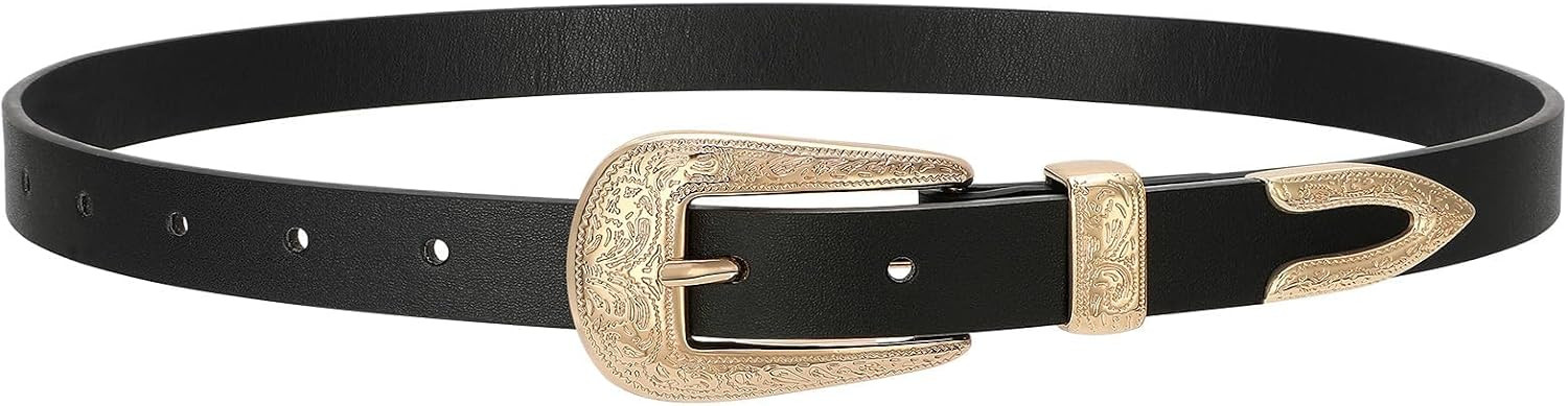 SUOSDEY Western Skinny Leather Belt for Women Cowgirl Cowboy Carving Buckle Waist Belt for Jeans Dresses,0.8" Width | Amazon (US)