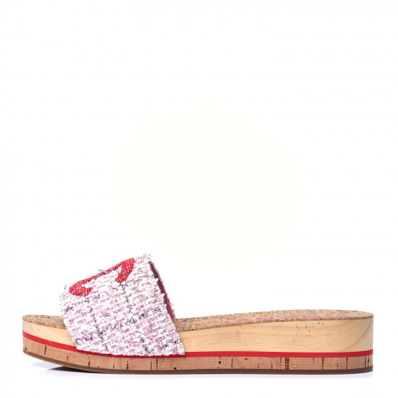 CHANEL Tweed Lambskin Logo Mules 41 Pink Red | Fashionphile