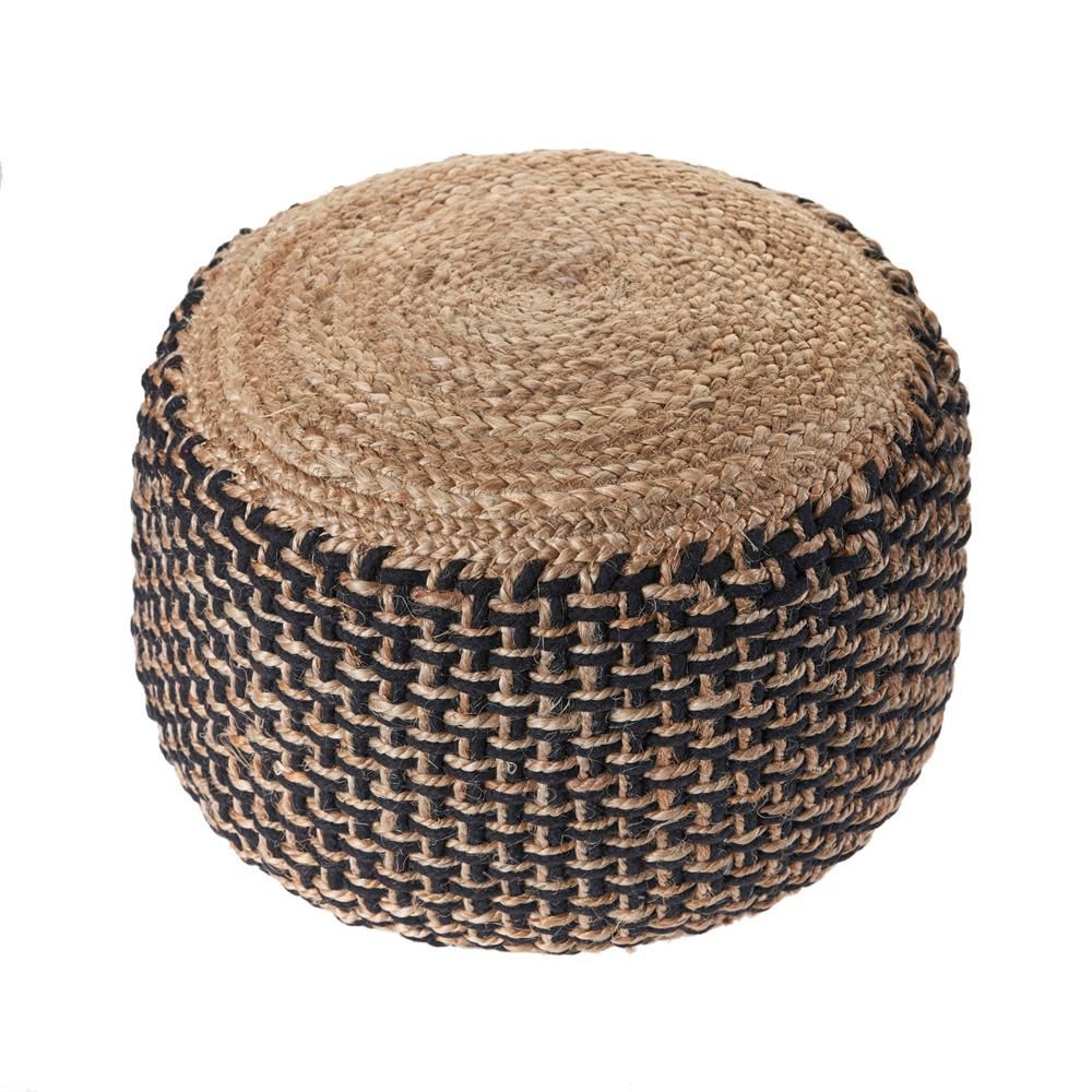 LR Home Natural Jute Black Braided Pouf | The Home Depot