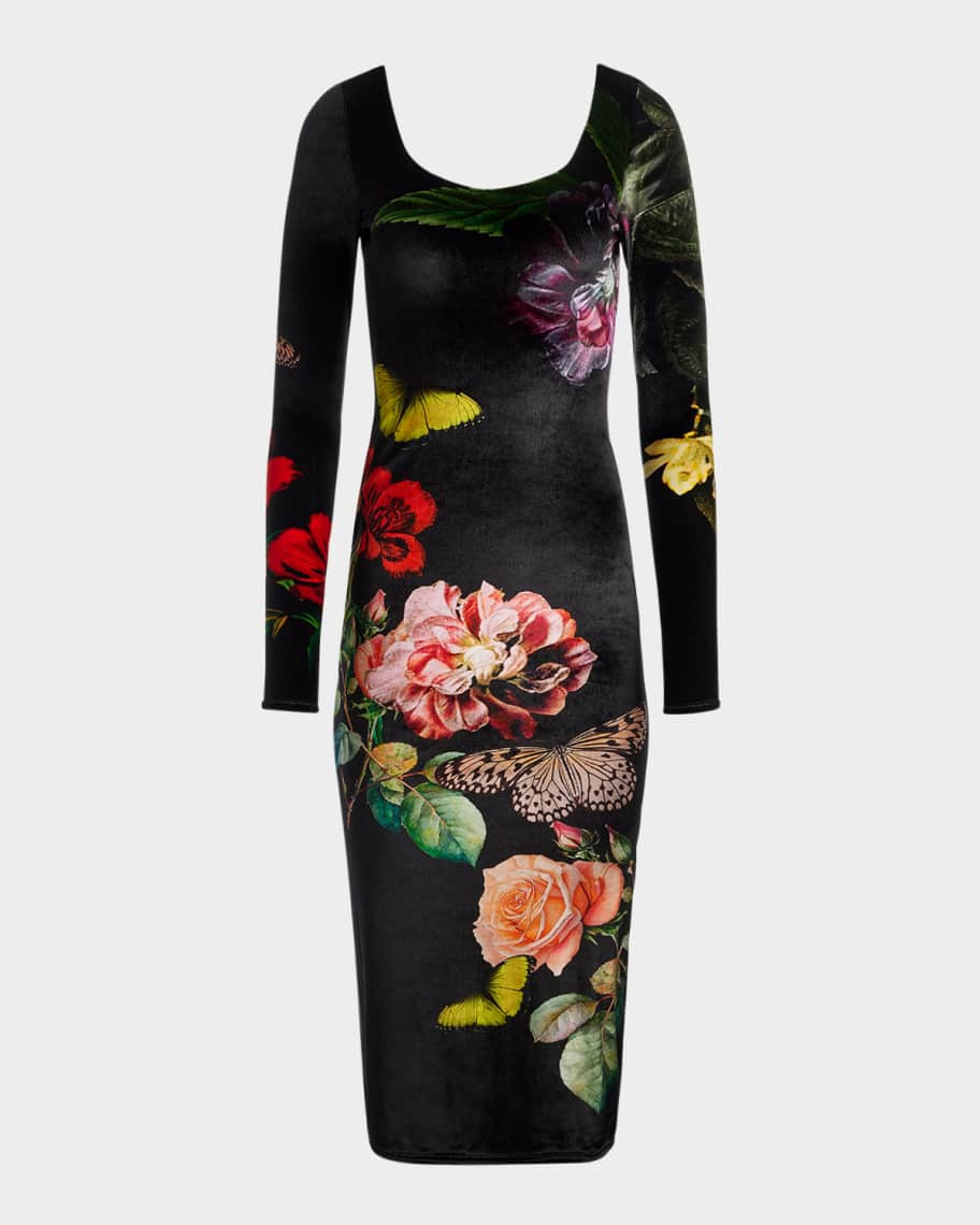 Alice + Olivia In The Wind Floral Delora Scoop-Neck Velvet Midi Dress | Neiman Marcus