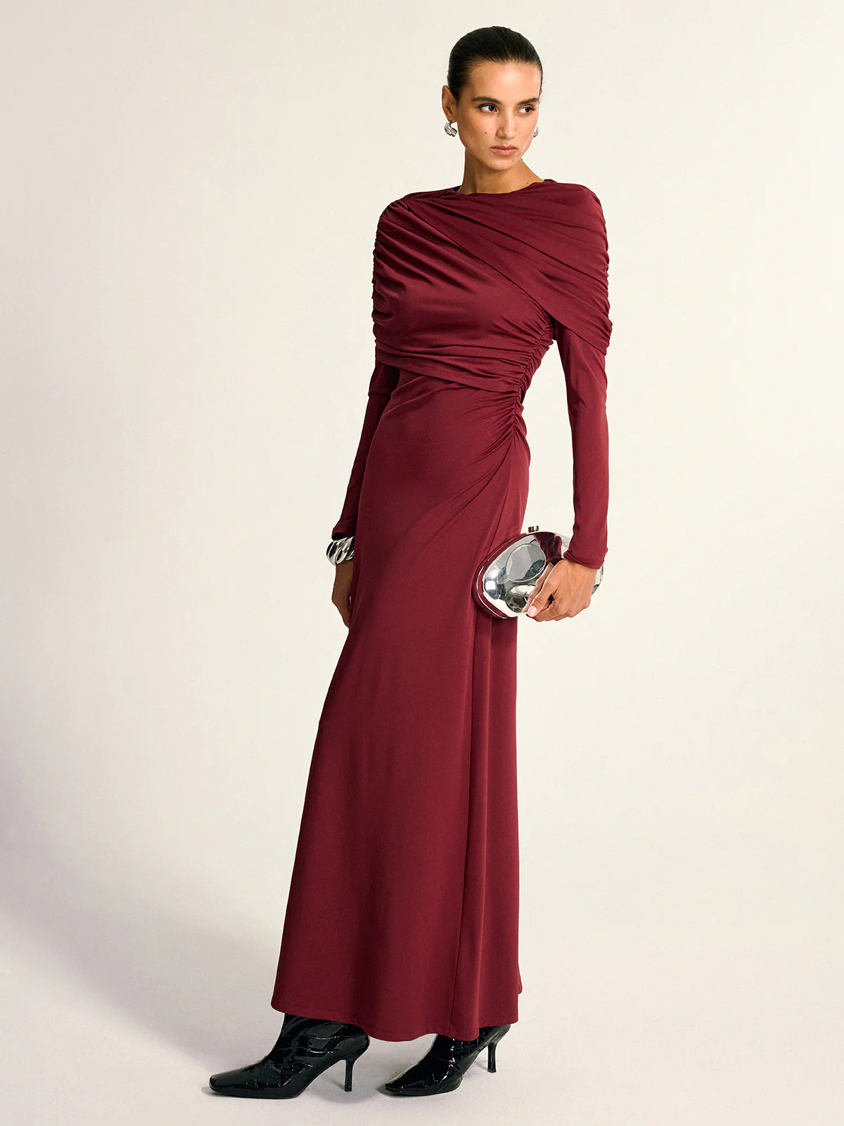 Draped Long Sleeve Maxi Dress | Commense