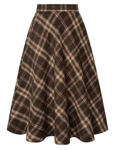Belle Poque Women Classic Plaid Midi Skirt A Line Elastic Band Flared Winter Fall Skirts with Pockets Brown Red Plaid M | Amazon (US)